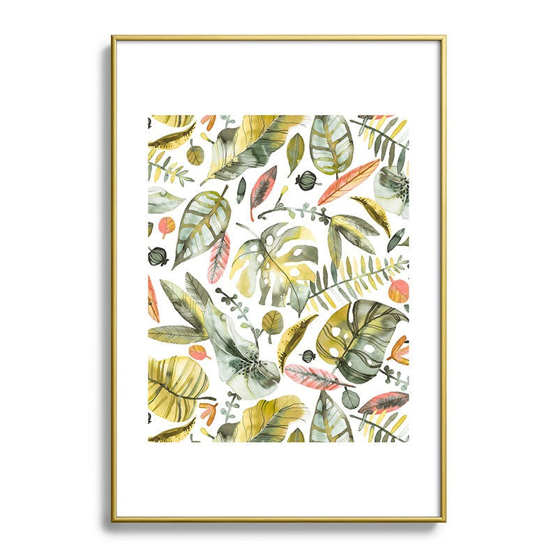 Ninola Design Botanic Retreat Tropical Jungle Leaves Botanical Green Orange Metal Framed Art Print