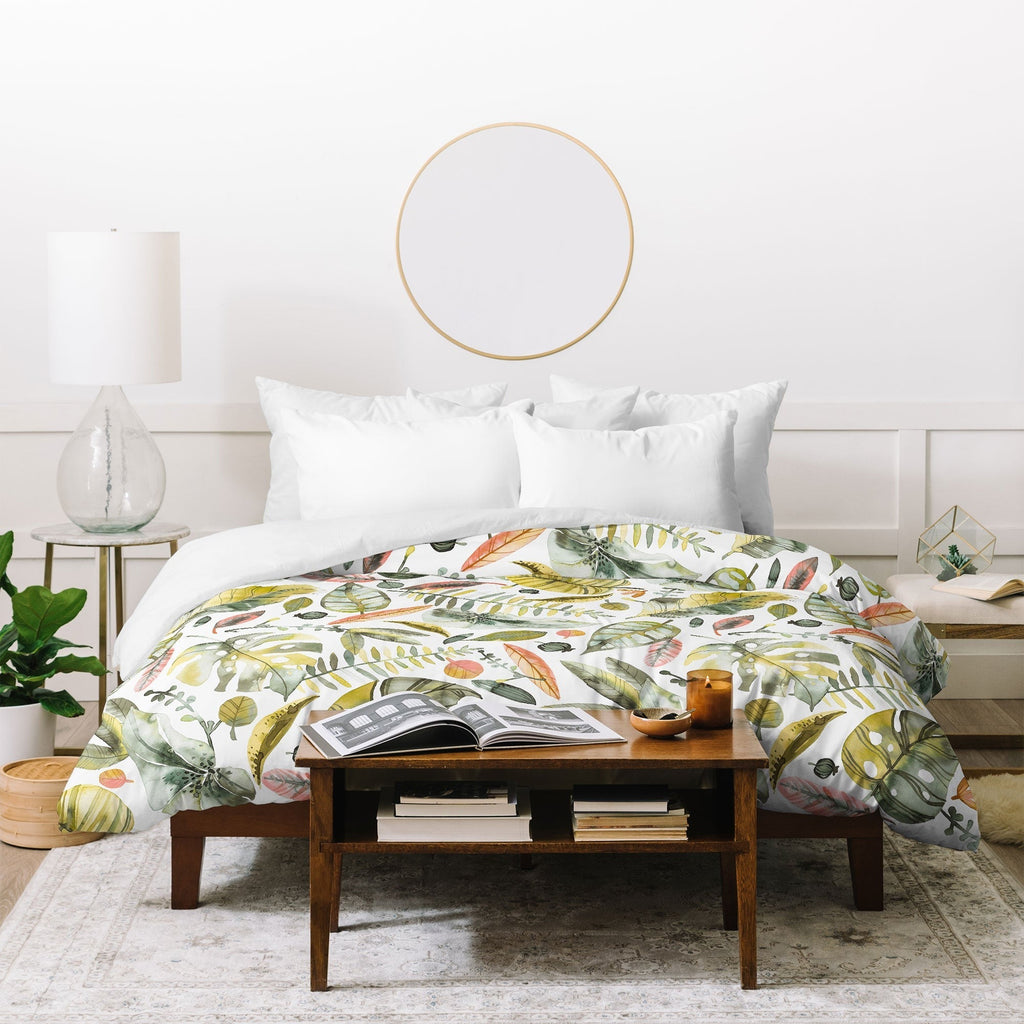 Ninola Design Botanic Retreat Tropical Jungle Leaves Botanical Green Orange Duvet Cover