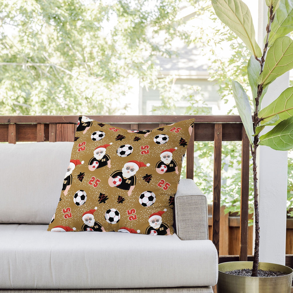 Design by Spark Sporty Soccer Santa Holiday Outdoor Throw Pillow