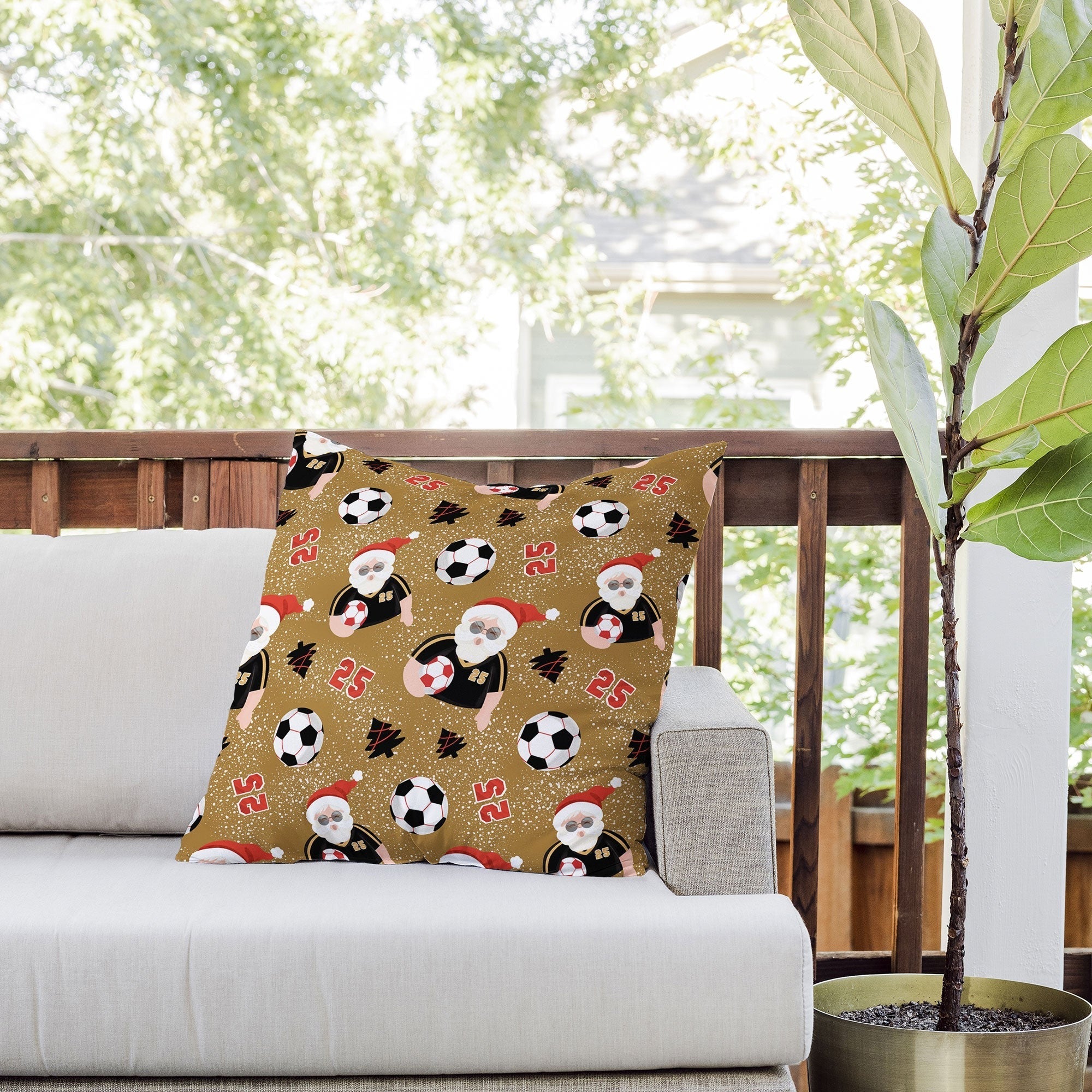 Design by Spark Sporty Soccer Santa Holiday Outdoor Throw Pillow