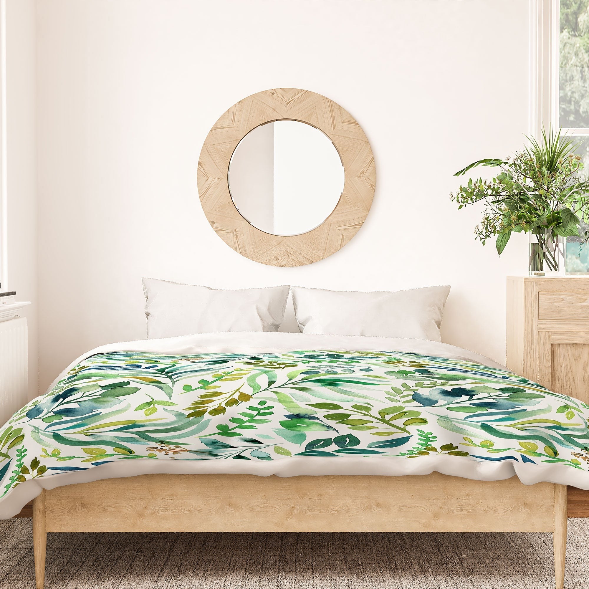 Ninola Design Botanic Retreat Loose Botanical Leaves Watercolor Green Duvet Cover