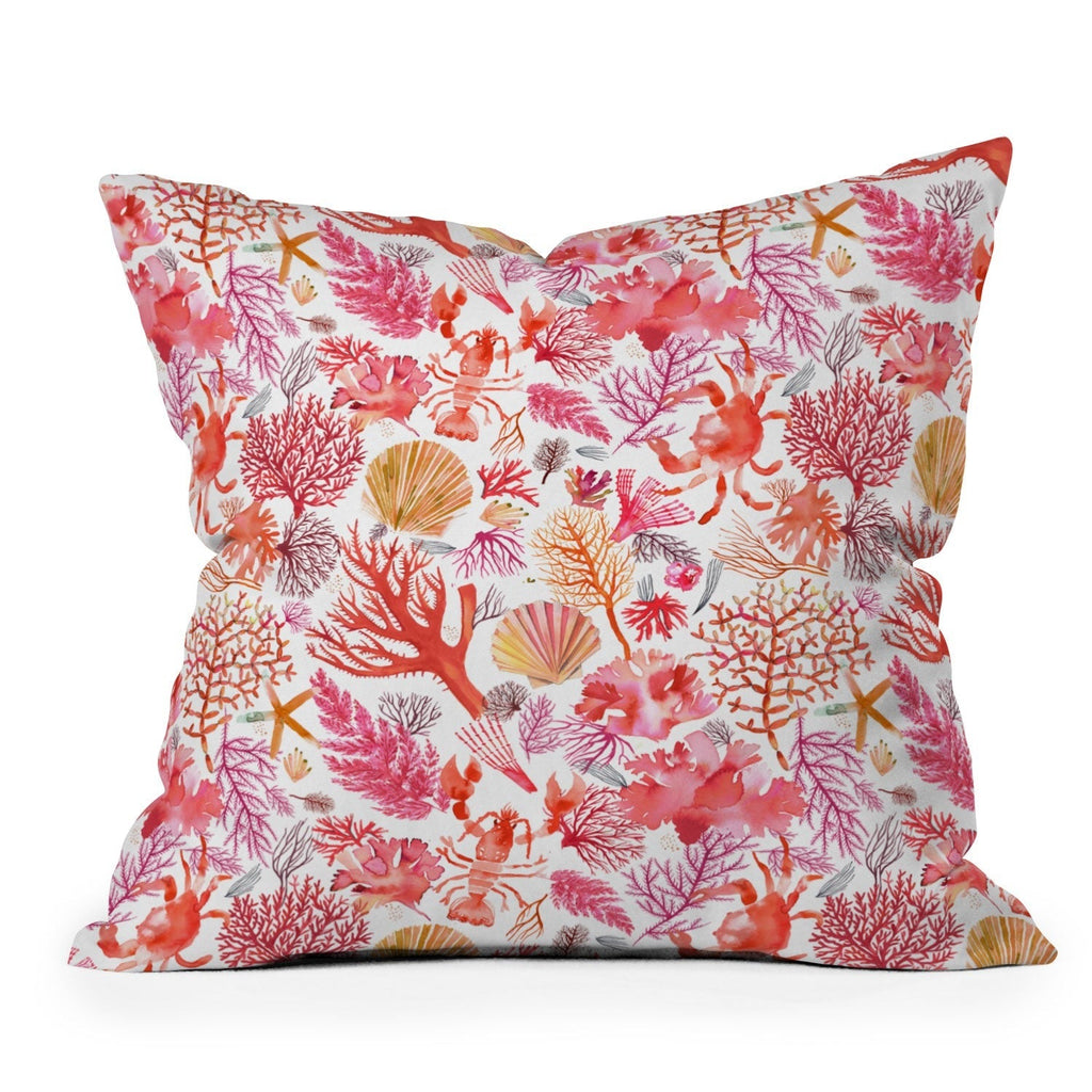 Ninola Design Botanic Retreat Coral Reef Crab Lobster Red Throw Pillow