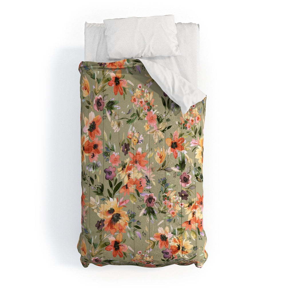 Ninola Design Botanic Retreat Floral Oleander Whimsical Teal Green Comforter