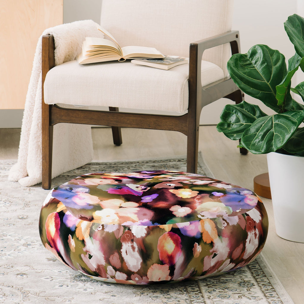 Ninola Design Botanic Retreat Ombre Abstract Watercolor Flowers Pink gold Floor Pillow Round
