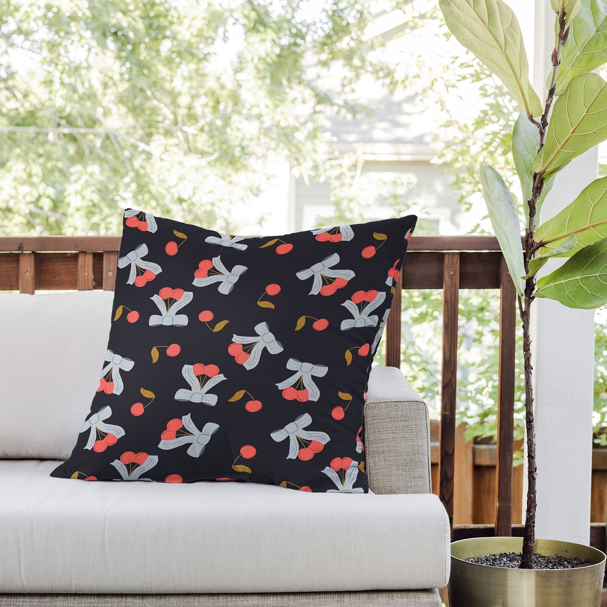 Jennifer Labre Cherries and Bows Outdoor Throw Pillow