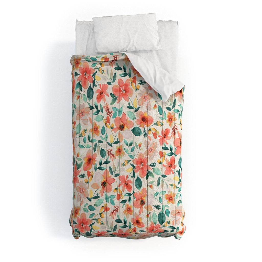 Ninola Design Botanic Retreat Tropical Whimsical Flowers Coral Green Comforter