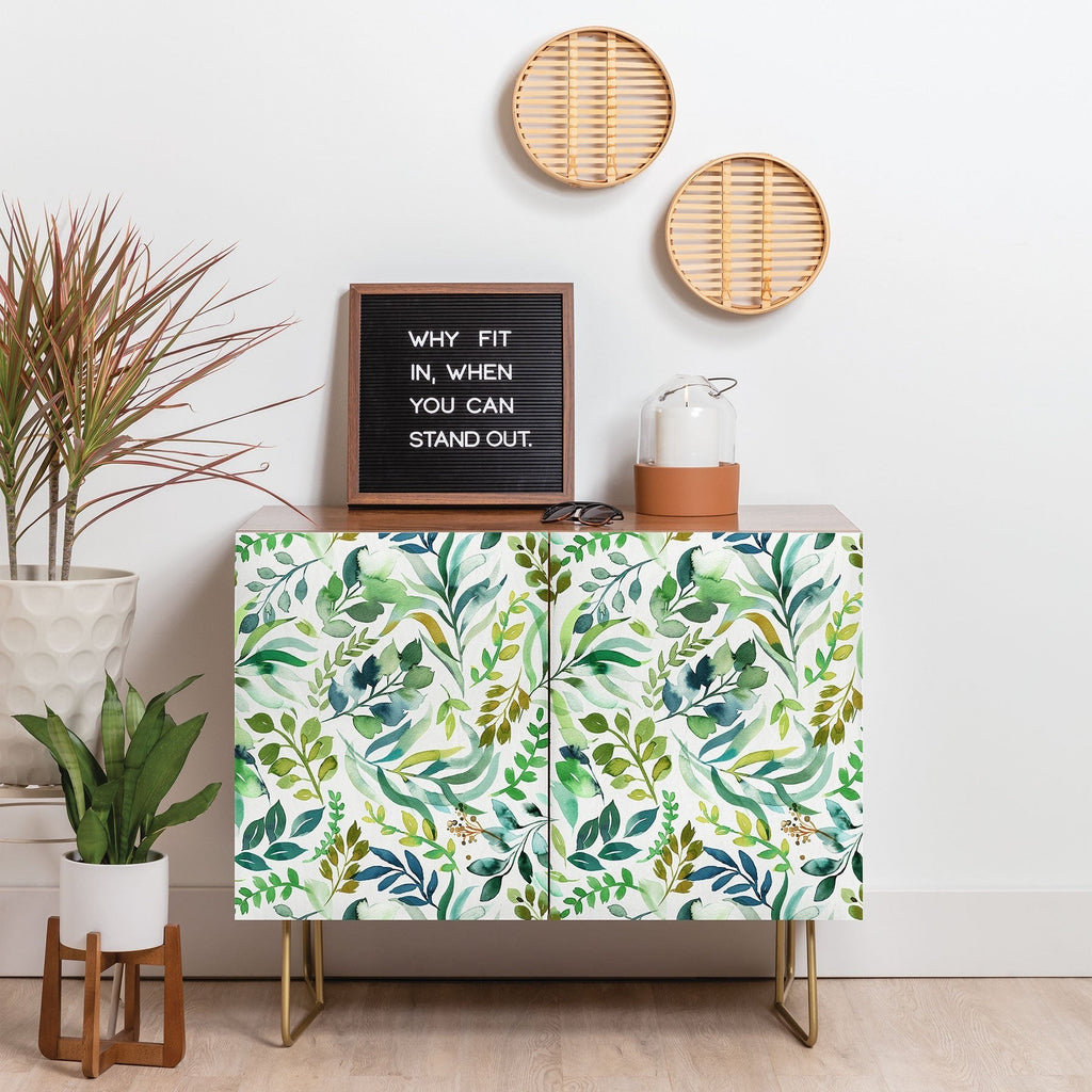 Ninola Design Botanic Retreat Loose Botanical Leaves Watercolor Green Credenza