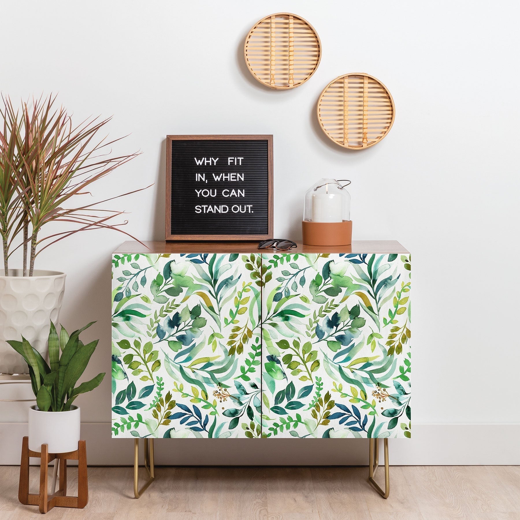 Ninola Design Botanic Retreat Loose Botanical Leaves Watercolor Green Credenza