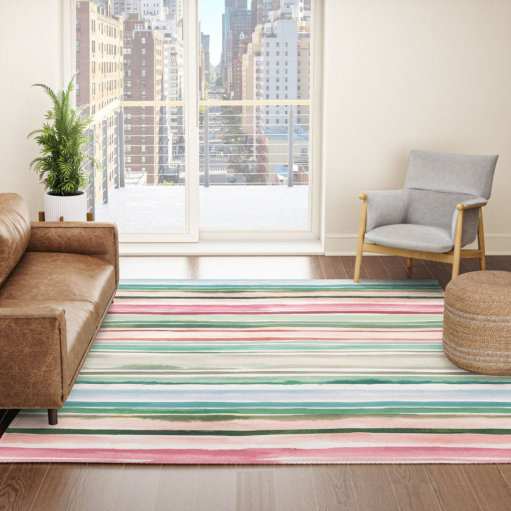 Ninola Design Botanic Retreat Watercolor Stripes Green Orange Red Area Rug