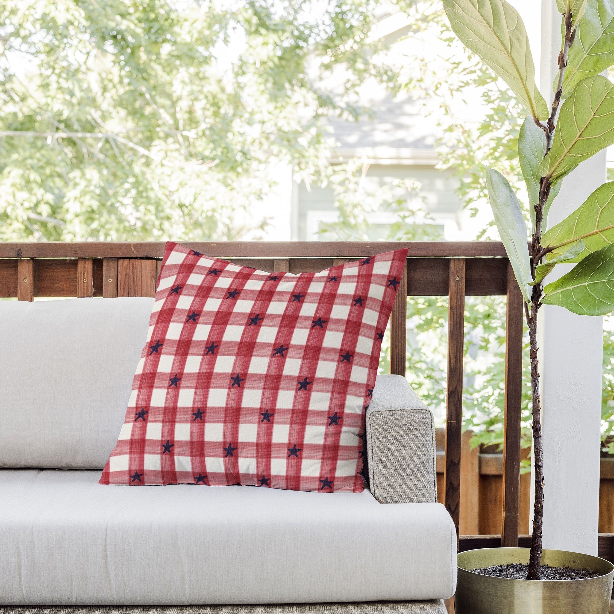 DENY Designs Red Gingham plus Stars Outdoor Throw Pillow