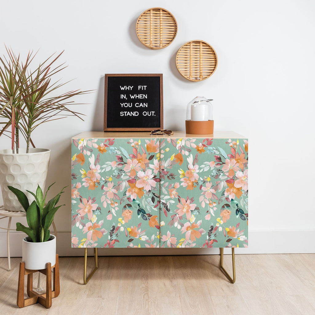 Ninola Design Botanic Retreat Floral Oleander Whimsical Teal Green Credenza