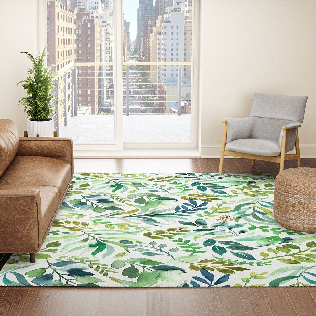 Ninola Design Botanic Retreat Loose Botanical Leaves Watercolor Green Area Rug