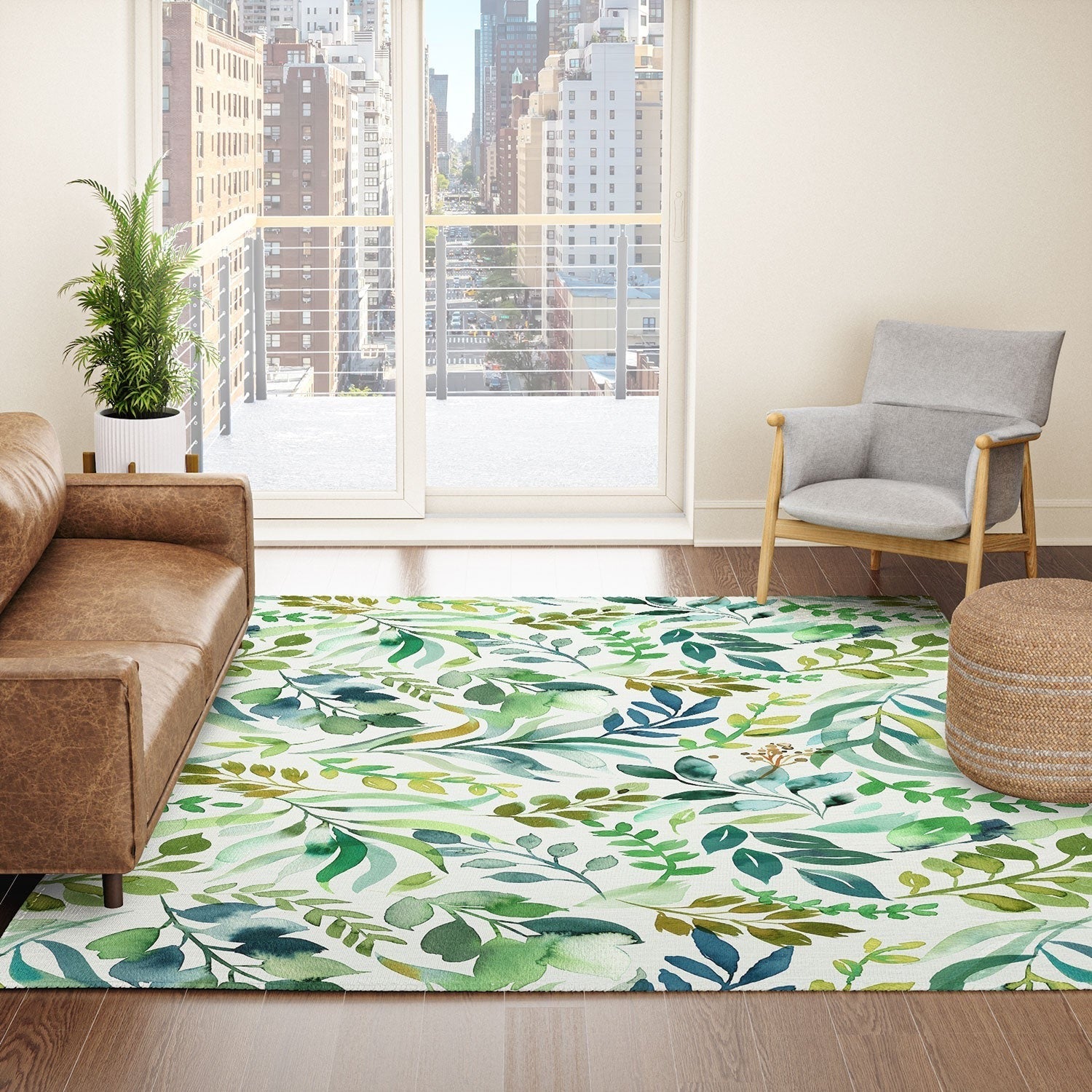 Ninola Design Botanic Retreat Loose Botanical Leaves Watercolor Green Area Rug