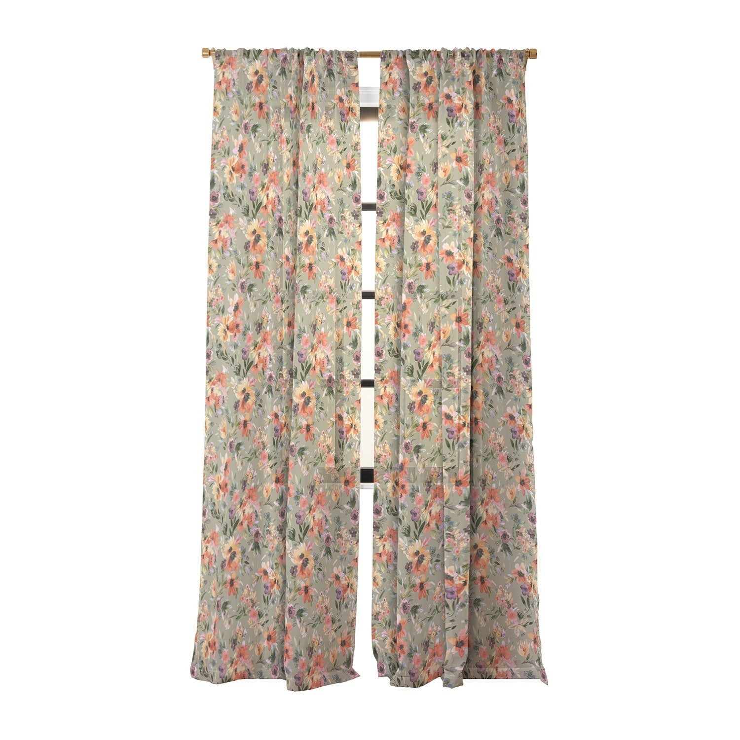 Ninola Design Botanic Retreat Painterly Tropical Flowers Sage Green Sheer Window Curtain
