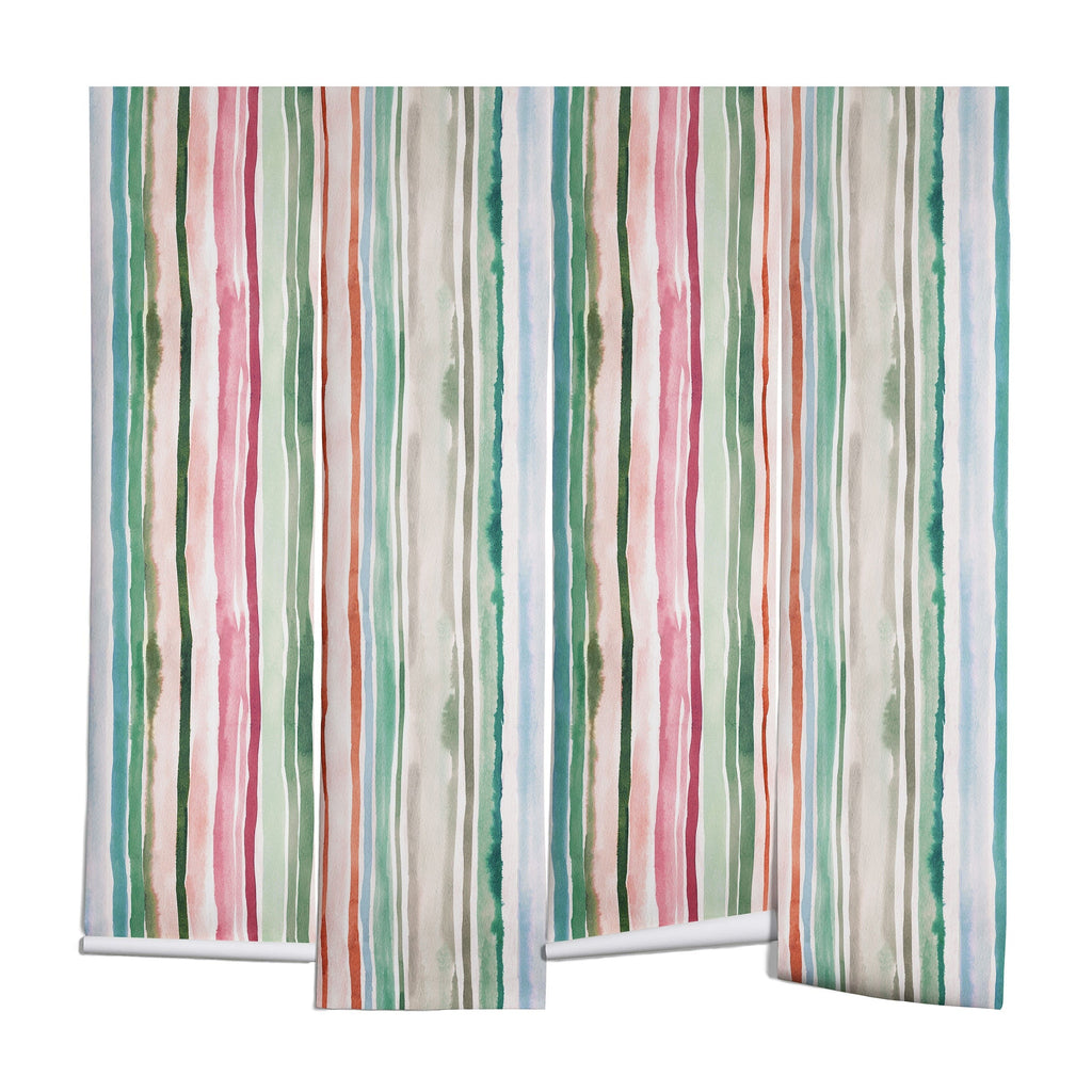 Ninola Design Botanic Retreat Watercolor Stripes Green Orange Red Wall Mural