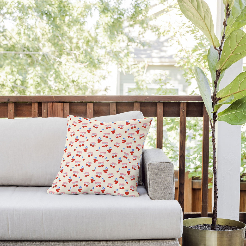 Design by Spark Cherries And Ribbons Outdoor Throw Pillow