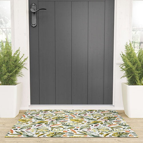 Ninola Design Botanic Retreat Tropical Jungle Leaves Botanical Green Orange Welcome Mat