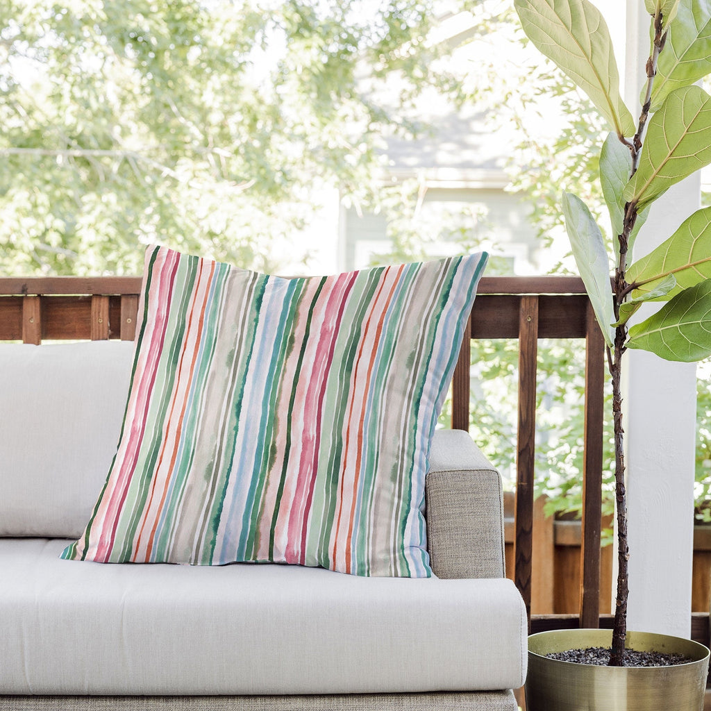 Ninola Design Botanic Retreat Watercolor Stripes Green Orange Red Outdoor Throw Pillow