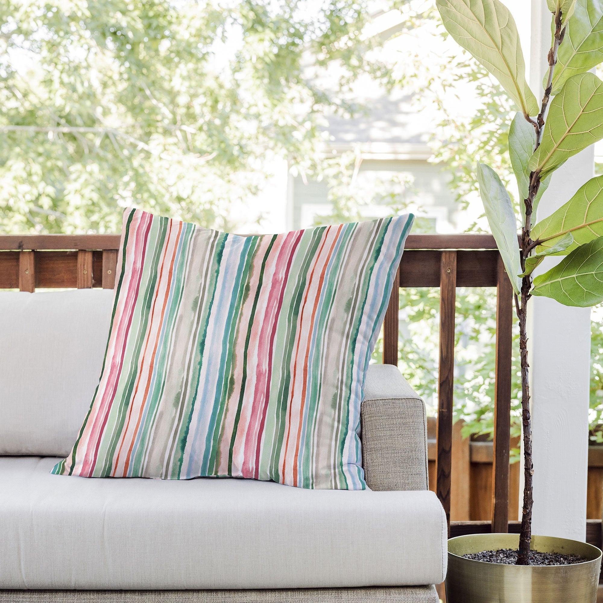 Ninola Design Botanic Retreat Watercolor Stripes Green Orange Red Outdoor Throw Pillow