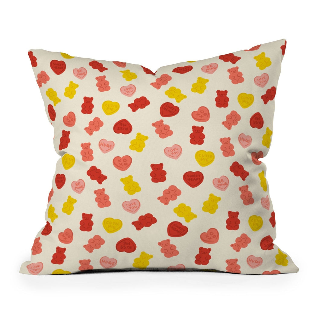 Design by Spark Gummy Bears and Candy Hearts Valentines Outdoor Throw Pillow