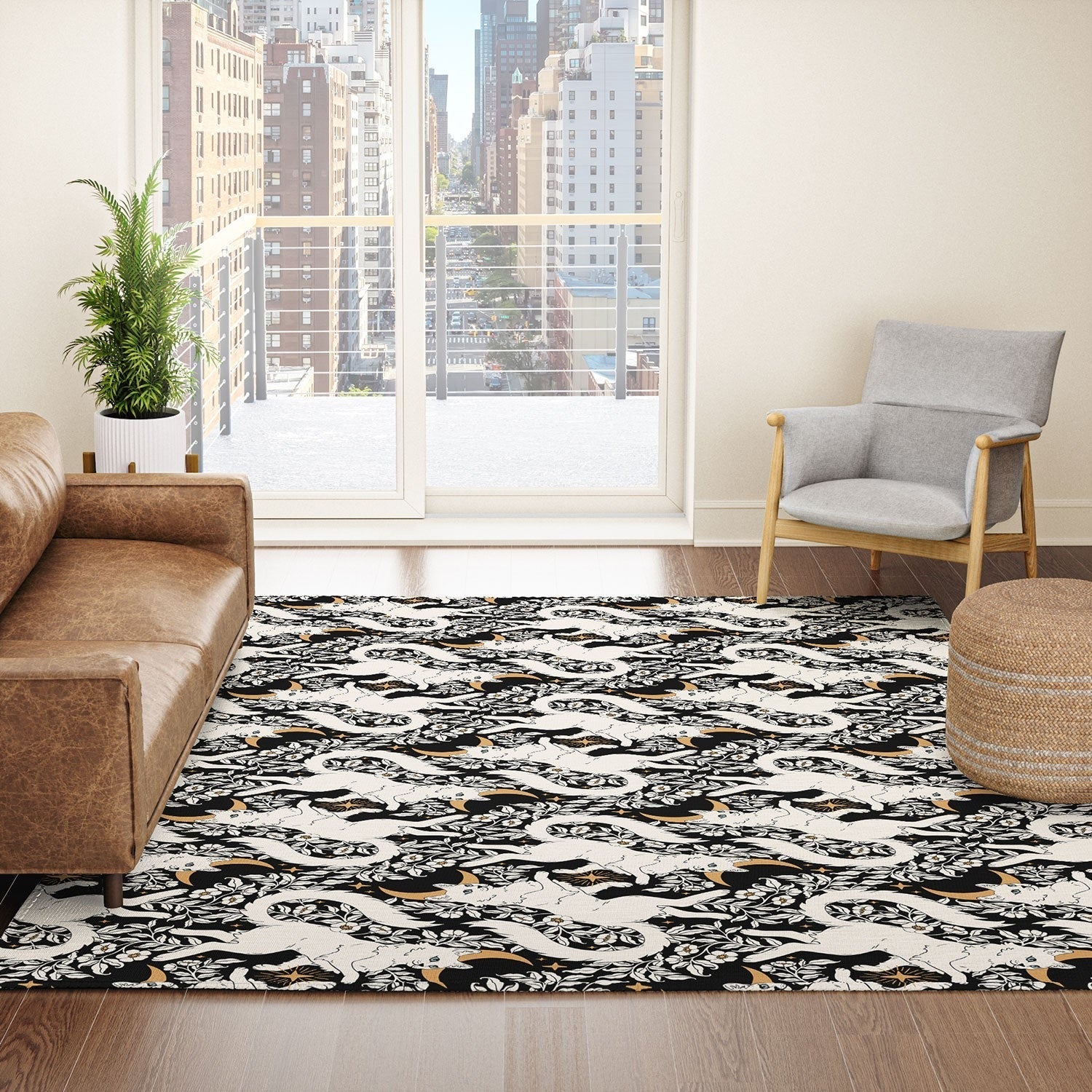 Avenie Celestial Cats Gold Area Rug