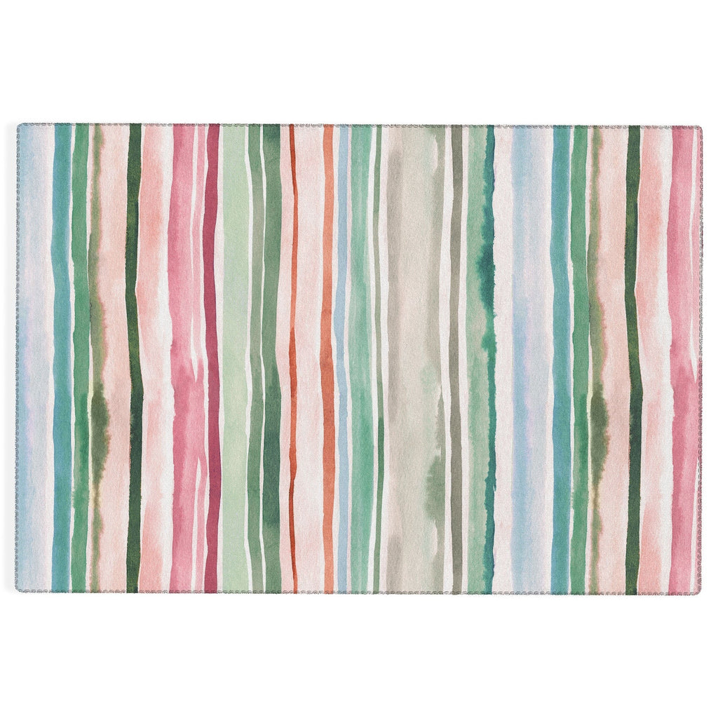 Ninola Design Botanic Retreat Watercolor Stripes Green Orange Red Outdoor Rug