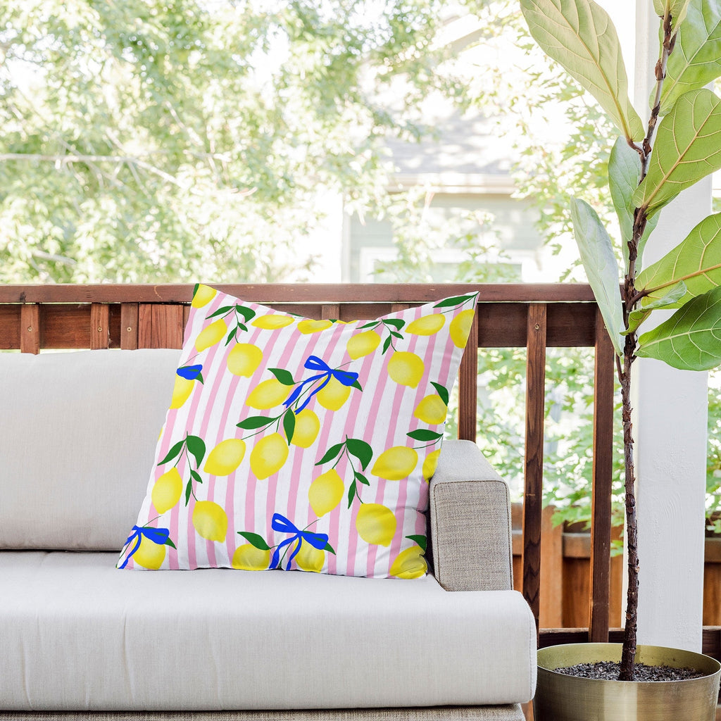 Design by Spark Zesty Lemons and Stripes Outdoor Throw Pillow