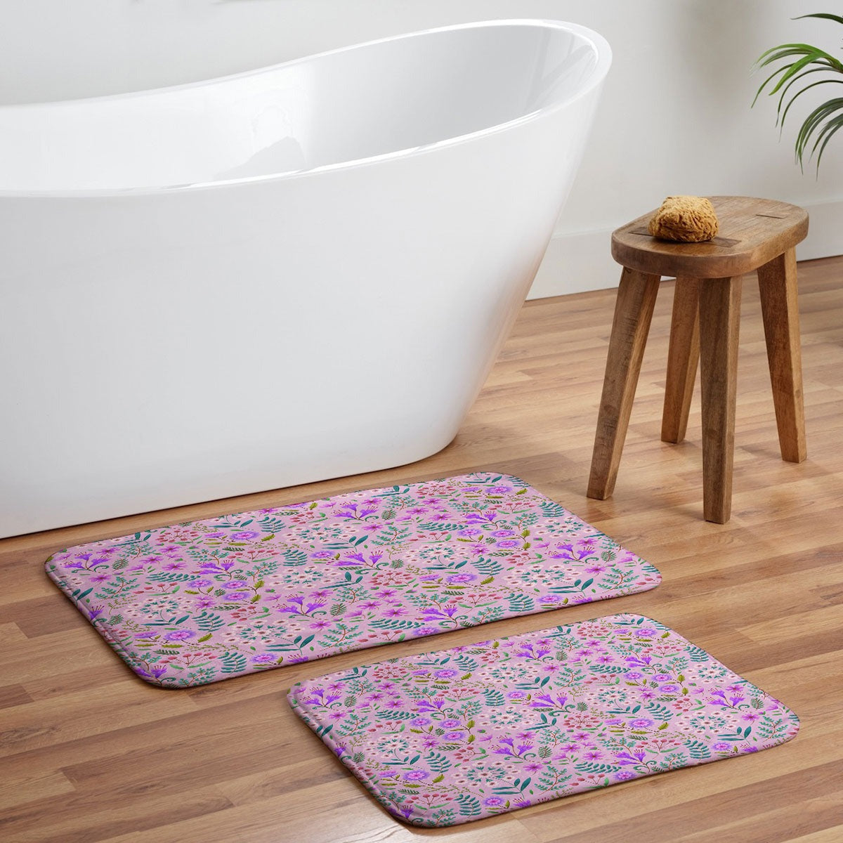 Pimlada Phuapradit Ditsy Purple Floral Half Drop Memory Foam Bath Mat