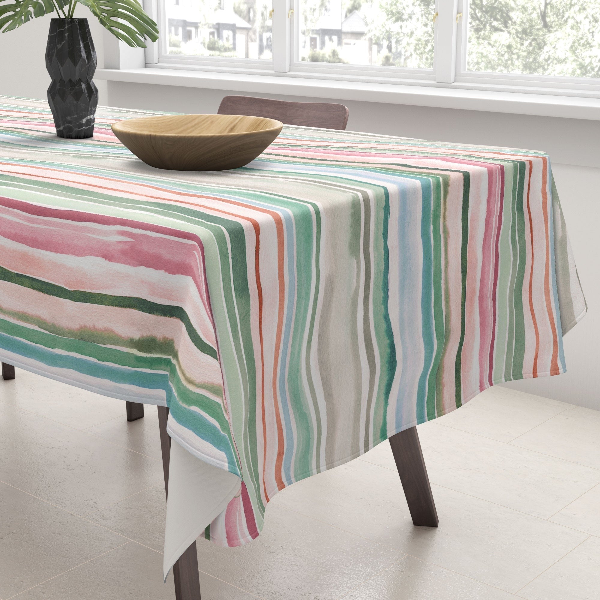 Ninola Design Botanic Retreat Watercolor Stripes Green Orange Red Tablecloth