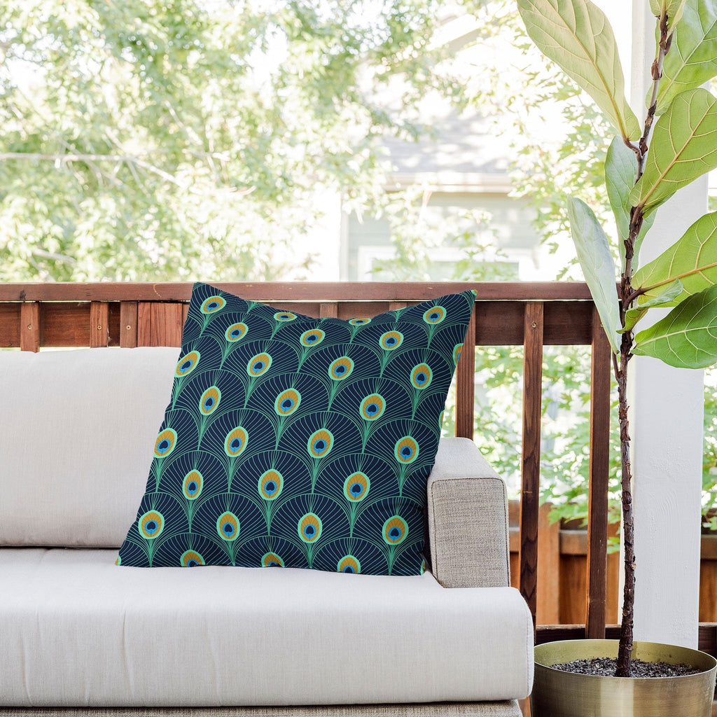Design by Spark Peacock Deco Feathers Outdoor Throw Pillow
