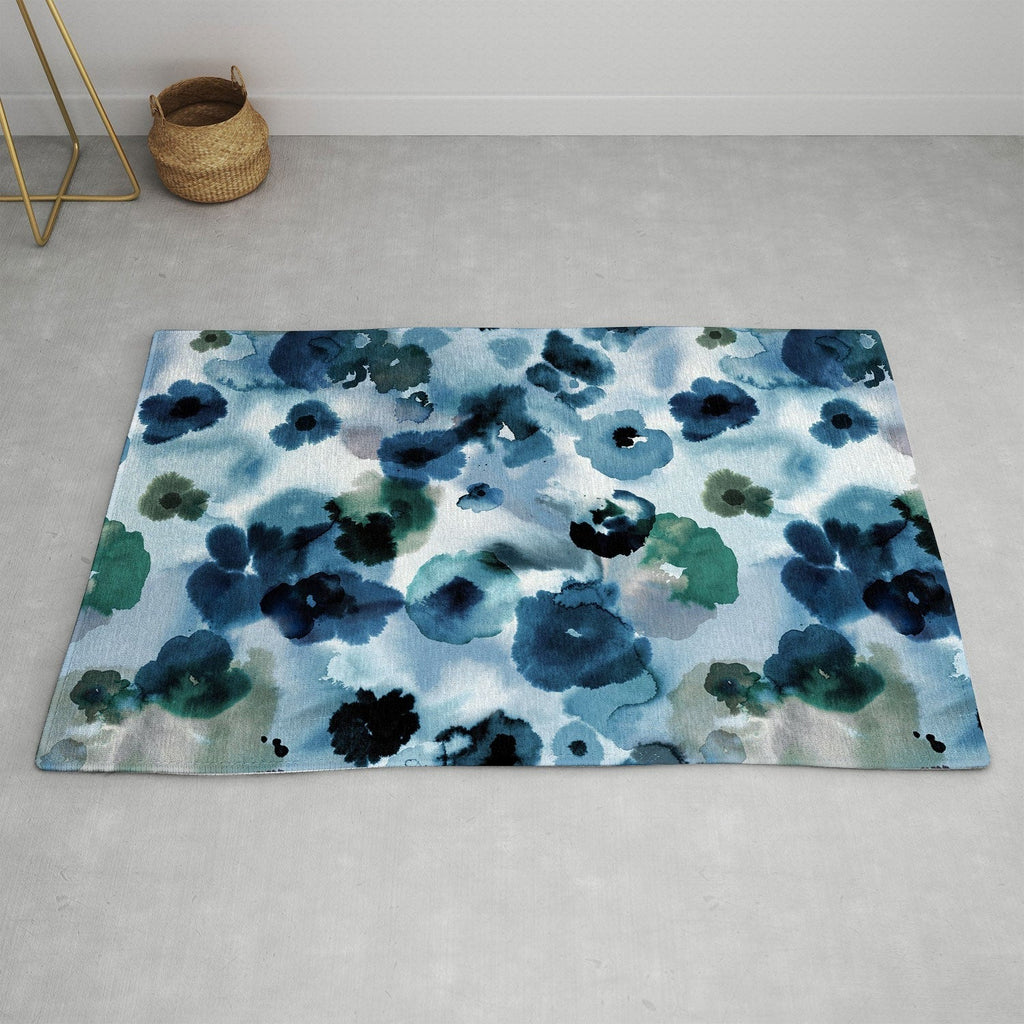 Ninola Design Botanic Retreat Ombre Abstract Watercolor Flowers Blue Navy Area Rug