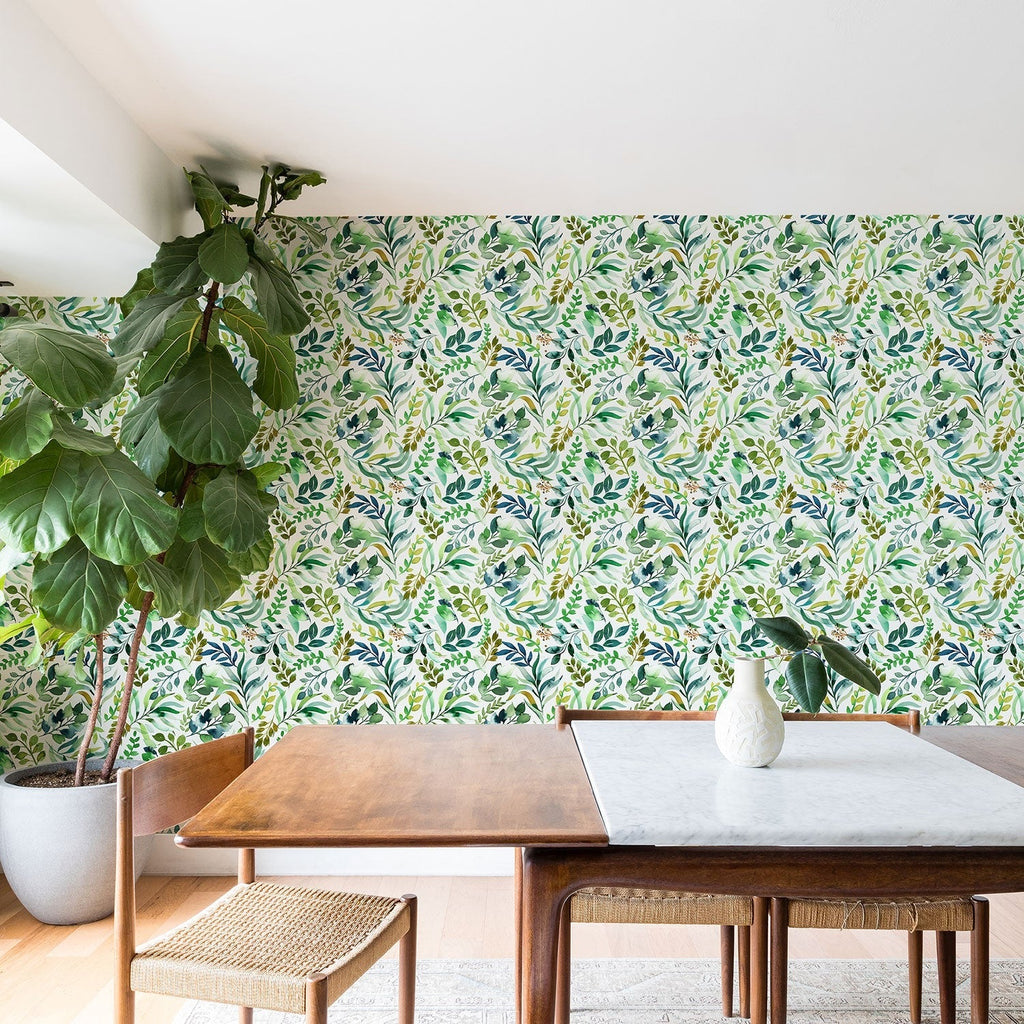 Ninola Design Botanic Retreat Loose Botanical Leaves Watercolor Green Wallpaper