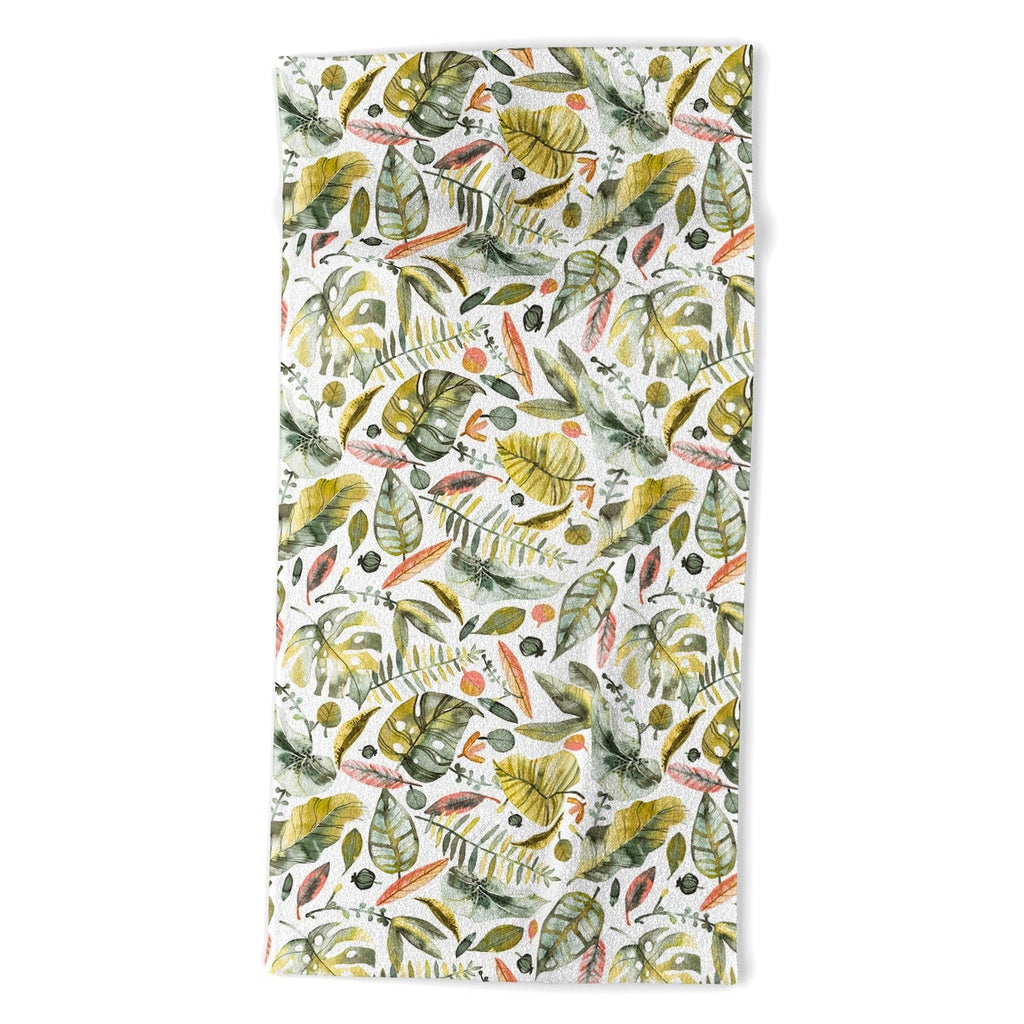 Ninola Design Botanic Retreat Tropical Jungle Leaves Botanical Green Orange Beach Towel