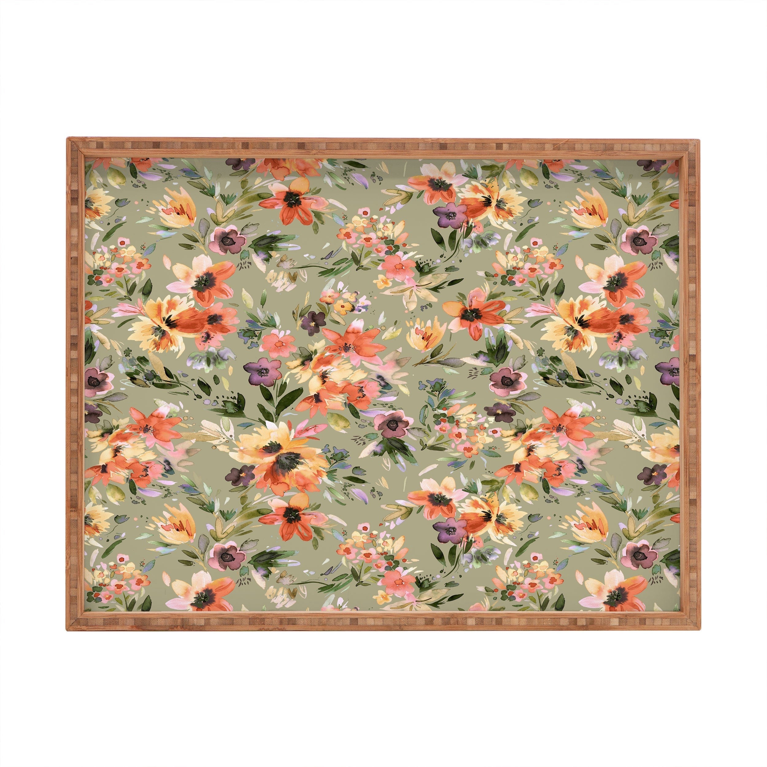 Ninola Design Botanic Retreat Painterly Tropical Flowers Sage Green Rectangular Tray