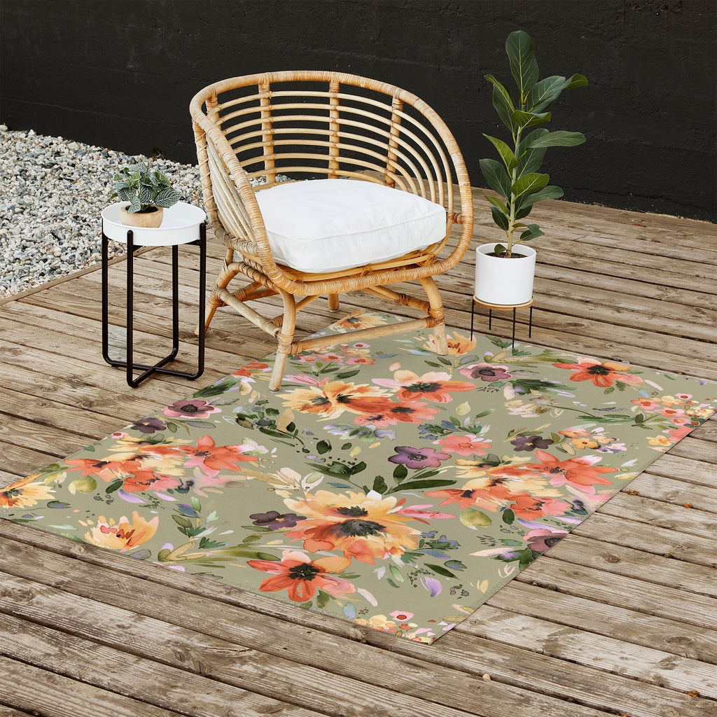 Ninola Design Botanic Retreat Painterly Tropical Flowers Sage Green Outdoor Rug