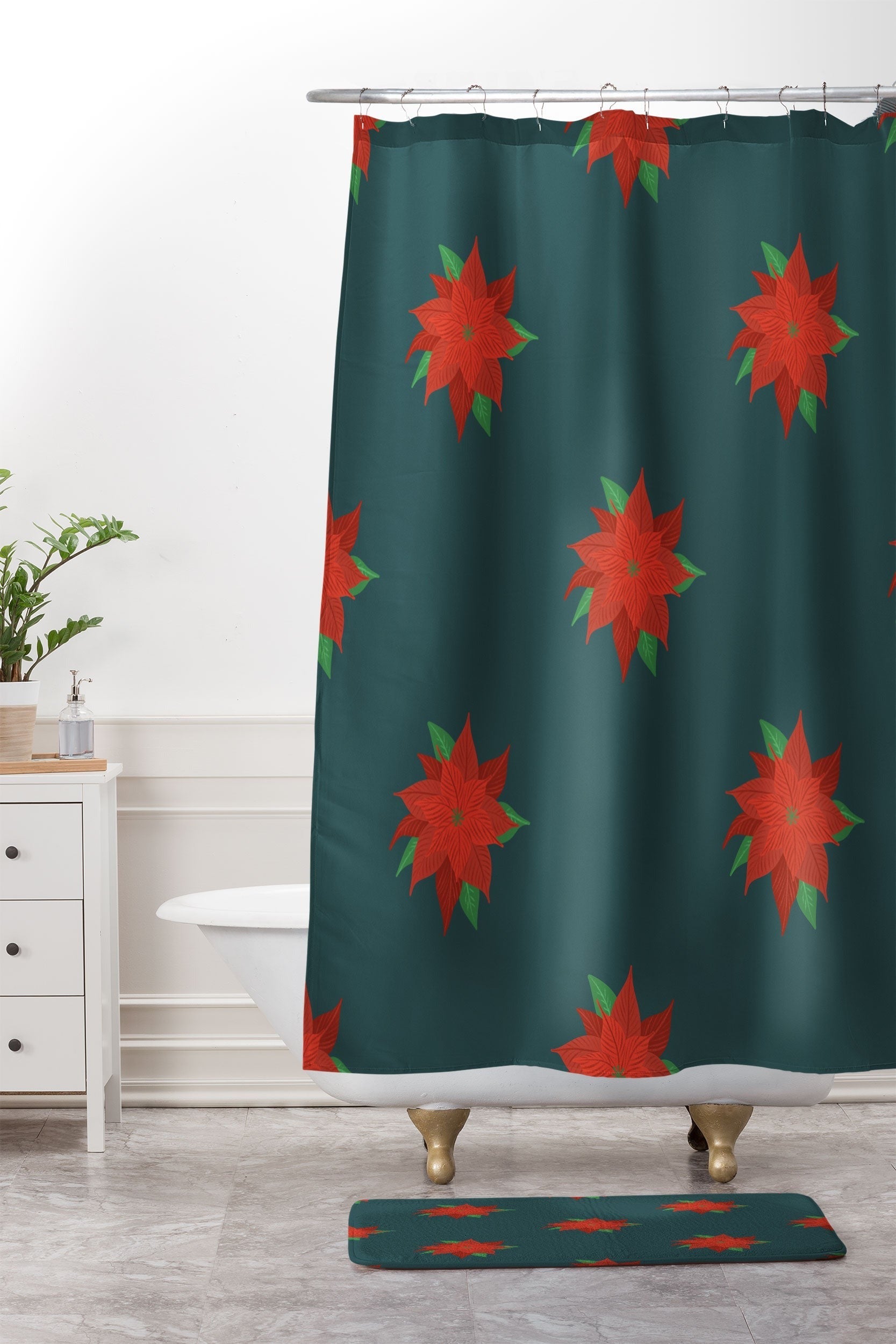 Design by Spark Poinsettia Florals Shower Curtain And Mat