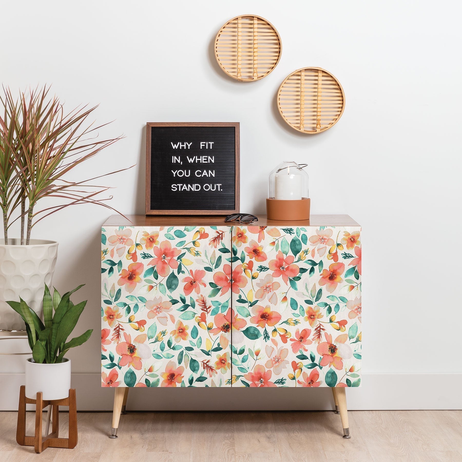 Ninola Design Botanic Retreat Tropical Whimsical Flowers Coral Green Credenza
