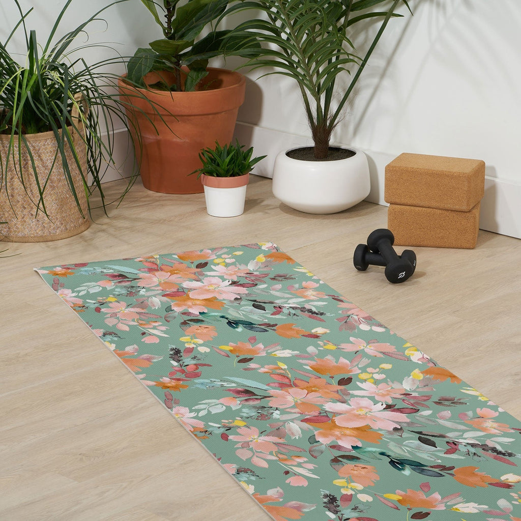 Ninola Design Botanic Retreat Floral Oleander Whimsical Teal Green Yoga Mat