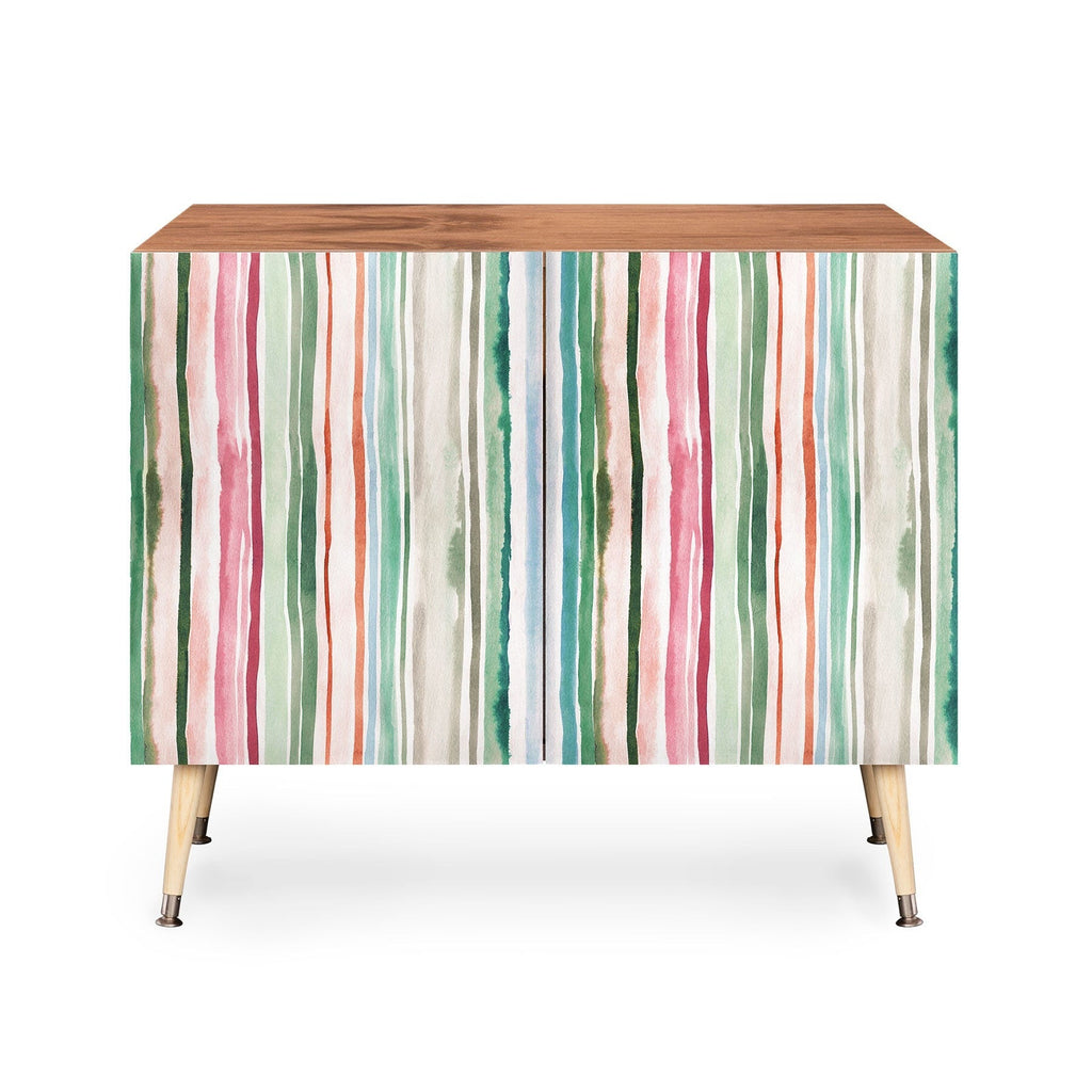 Ninola Design Botanic Retreat Watercolor Stripes Green Orange Red Credenza