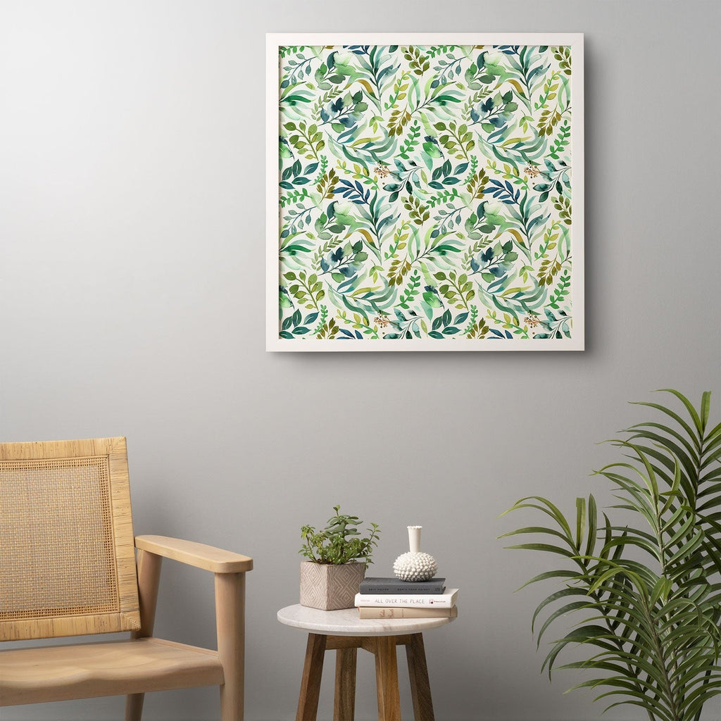 Ninola Design Botanic Retreat Loose Botanical Leaves Watercolor Green Framed Wall Art
