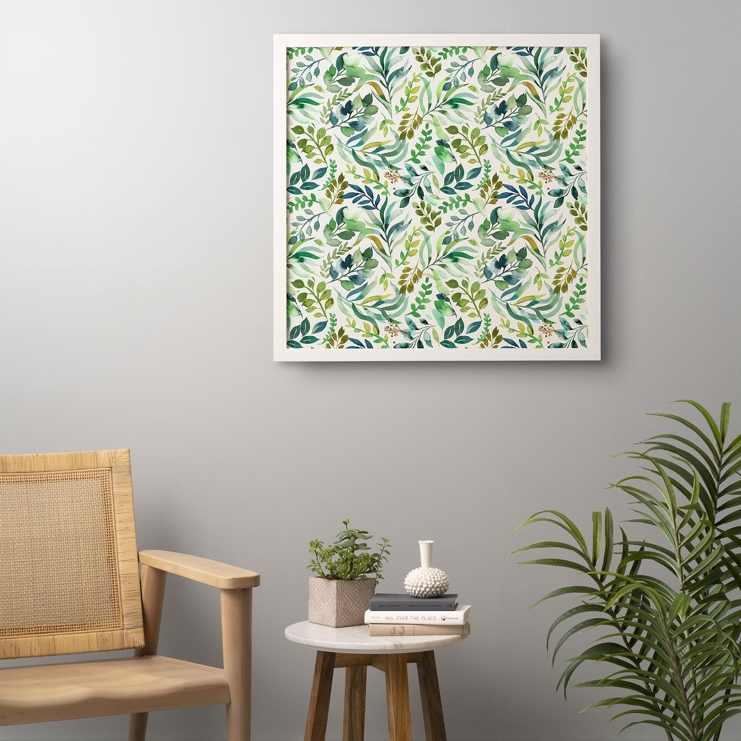 Ninola Design Botanic Retreat Loose Botanical Leaves Watercolor Green Framed Wall Art