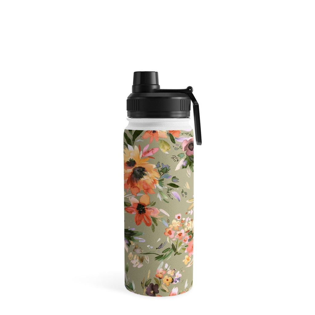 Ninola Design Botanic Retreat Painterly Tropical Flowers Sage Green Water Bottle