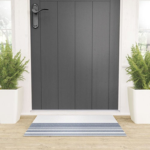 Kierkegaard Design Studio organic stripes naut navy blue and white Welcome Mat