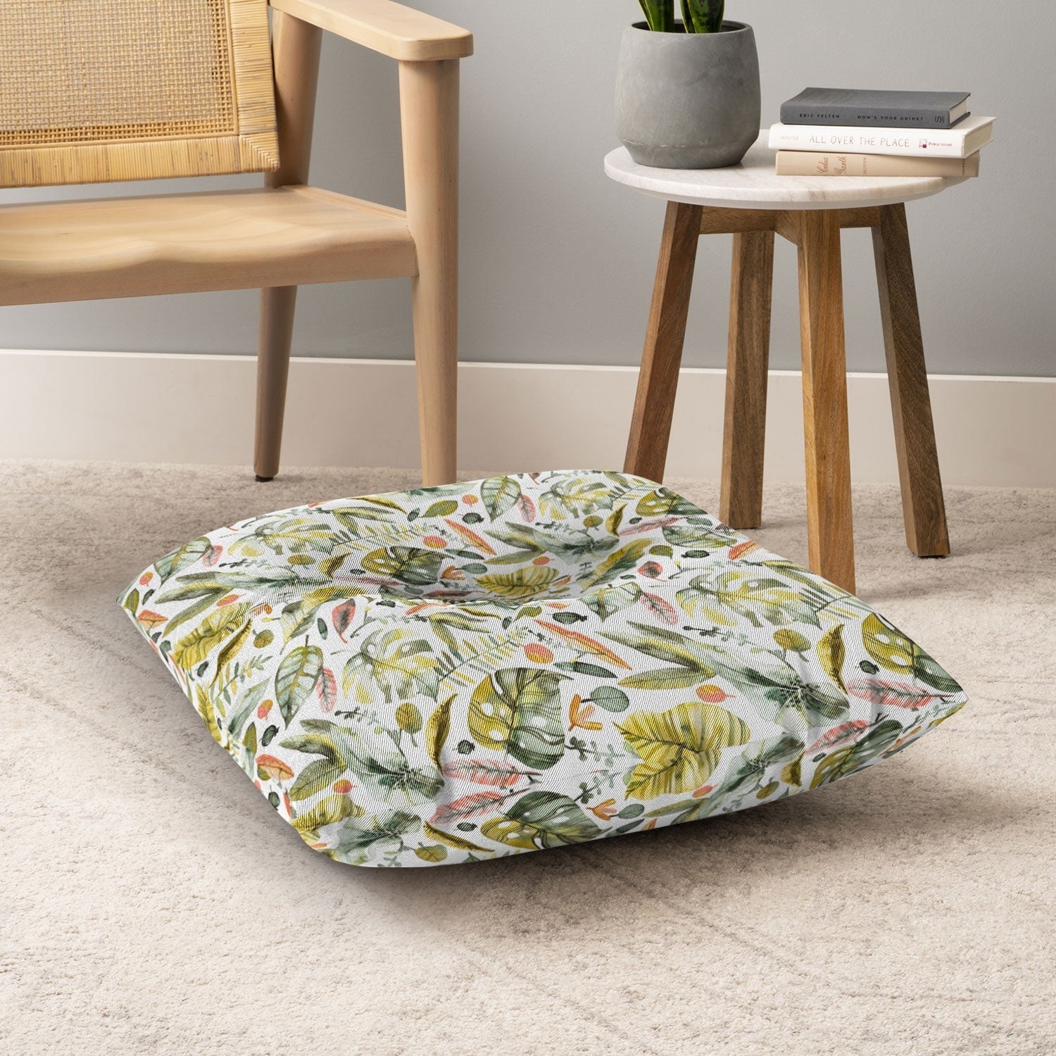Ninola Design Botanic Retreat Tropical Jungle Leaves Botanical Green Orange Floor Pillow Square