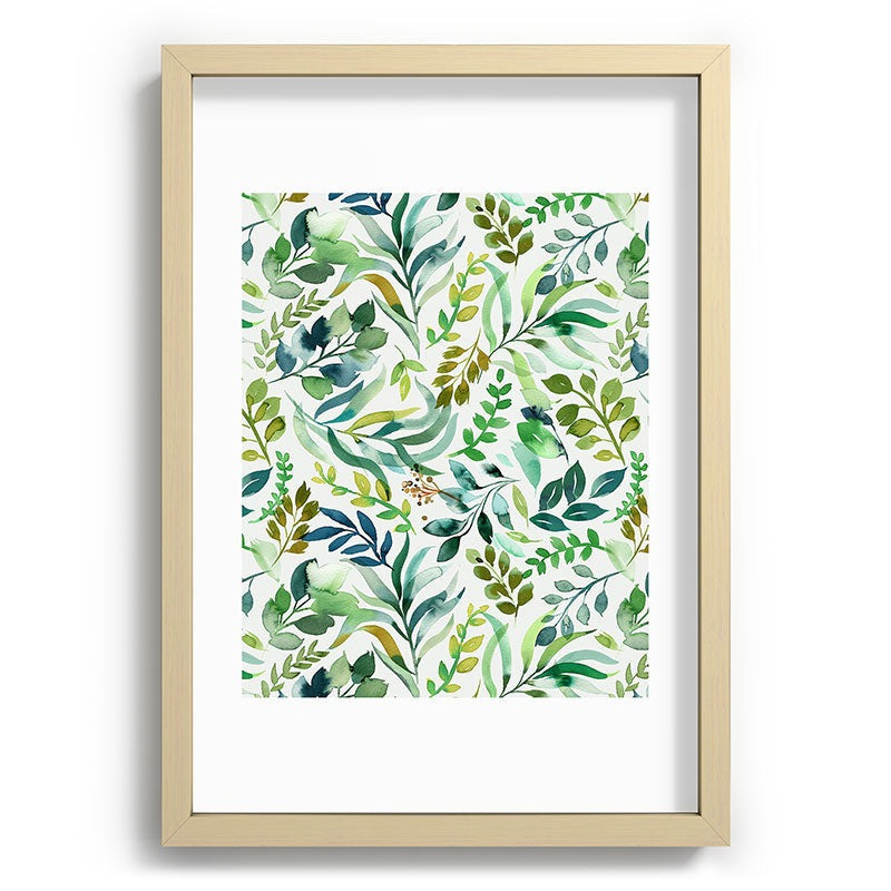 Ninola Design Botanic Retreat Loose Botanical Leaves Watercolor Green Recessed Framing Rectangle