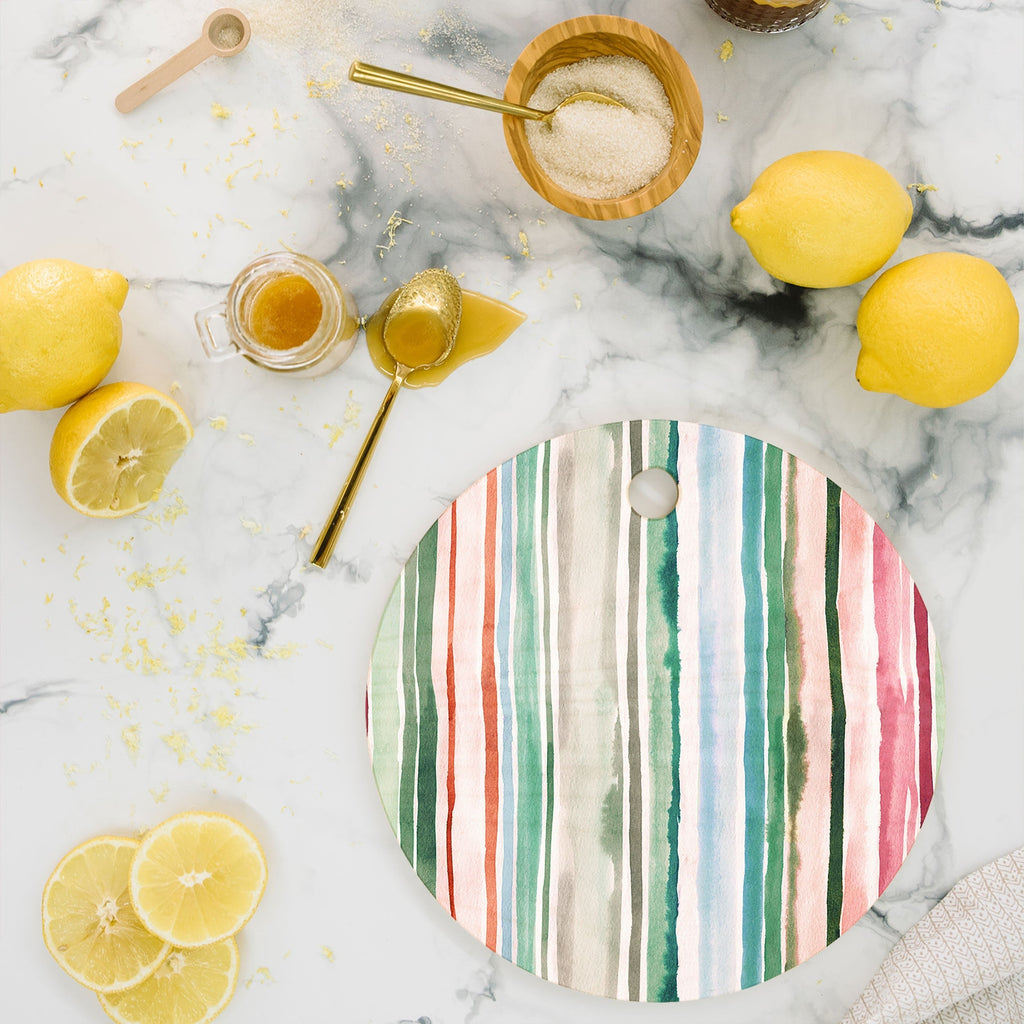Ninola Design Botanic Retreat Watercolor Stripes Green Orange Red Cutting Board Round