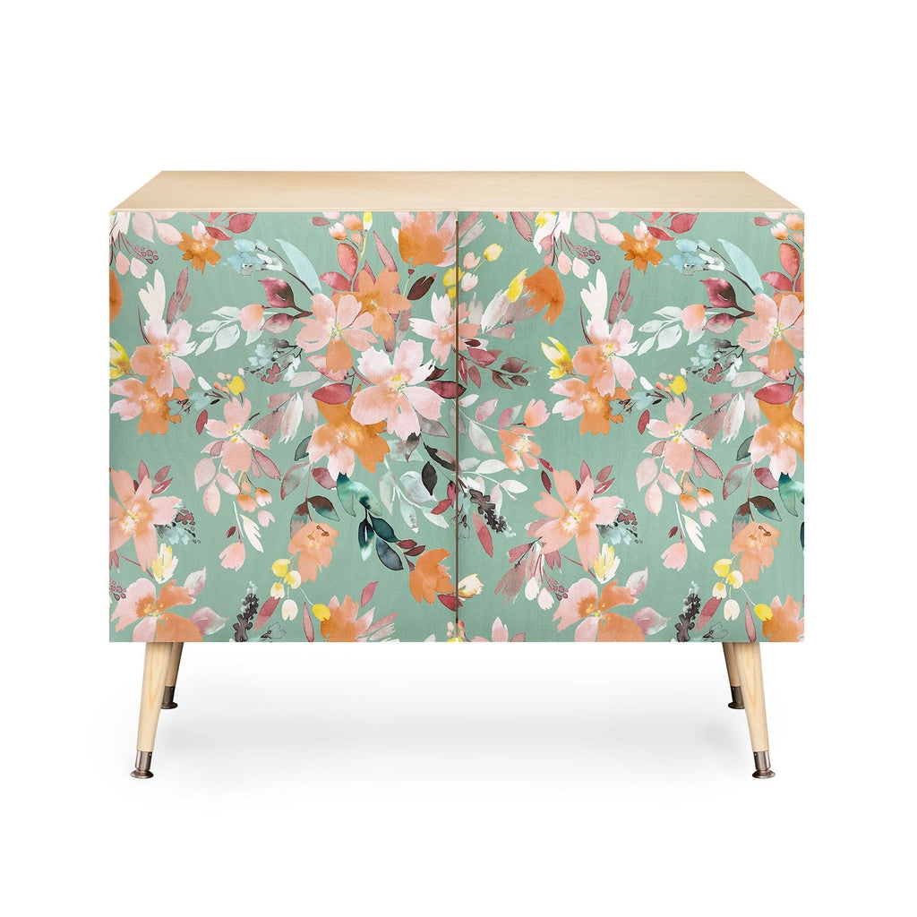 Ninola Design Botanic Retreat Floral Oleander Whimsical Teal Green Credenza