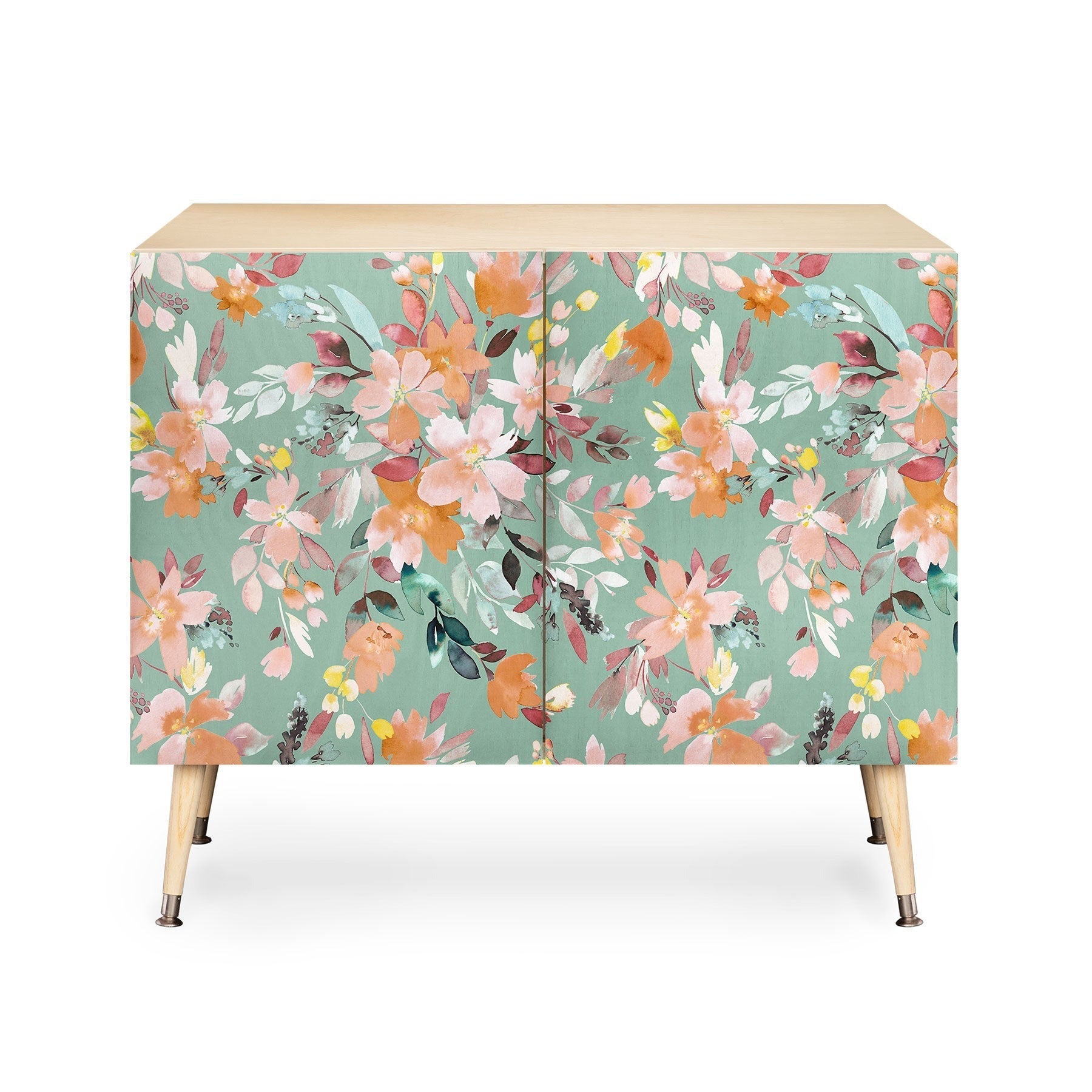 Ninola Design Botanic Retreat Floral Oleander Whimsical Teal Green Credenza