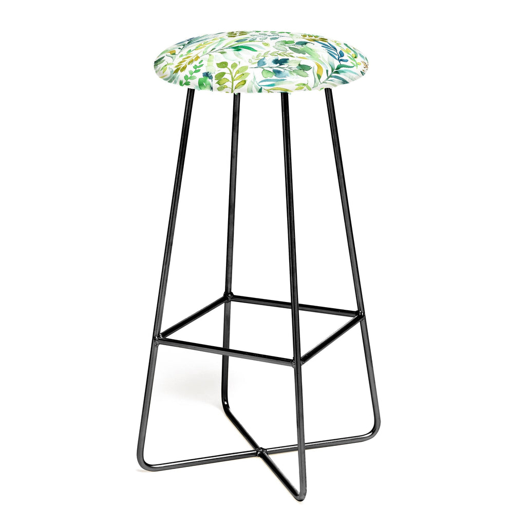 Ninola Design Botanic Retreat Loose Botanical Leaves Watercolor Green Bar Stool