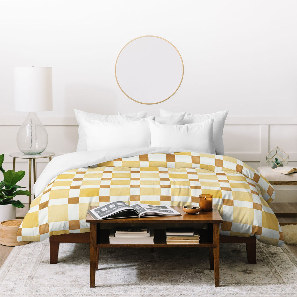 Ninola Design Everyday Artifact Checker Mosaic Tiles Geometry Yellow Duvet Cover